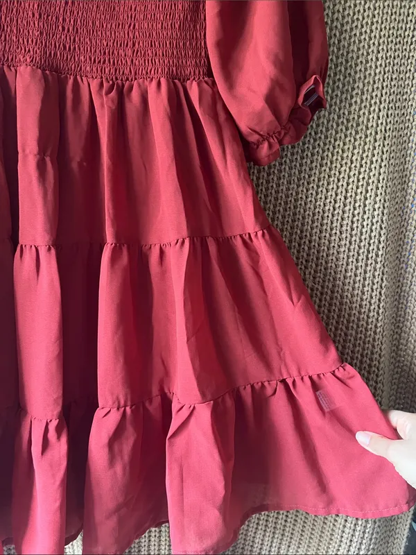 Smocked Midi Dress in Deep Red with Puff Sleeves - Image 6