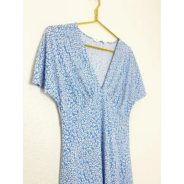 Mango Poma Floral Midi Dress Size Medium Blue Cottage Coquette Chic Jersey - Image 8