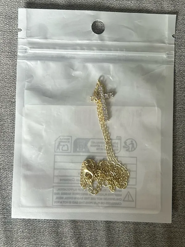 Gold Alloy Crystal Cross Pendant Necklace Cable Chain Lobster Clasp 15.75" Adj - Image 3