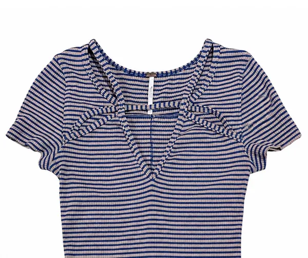 Free People Ribbed Striped V-Neck Tee Blue Tan Stretch Fitted Top Women’s S - Image 2