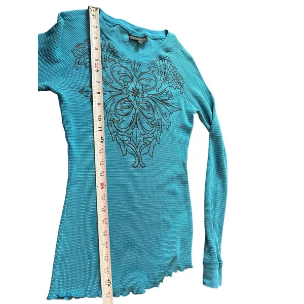 VTG Y2K Athleta Blue Waffle Longer Arm Black Flower Grunge 2000s Top S - Image 8