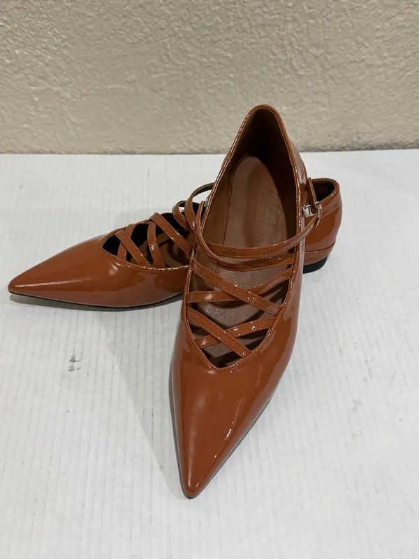 Women’s Pointed Toe Mary Jane Flats Brown Patent Crisscross Strappy Size 41 - Image 18