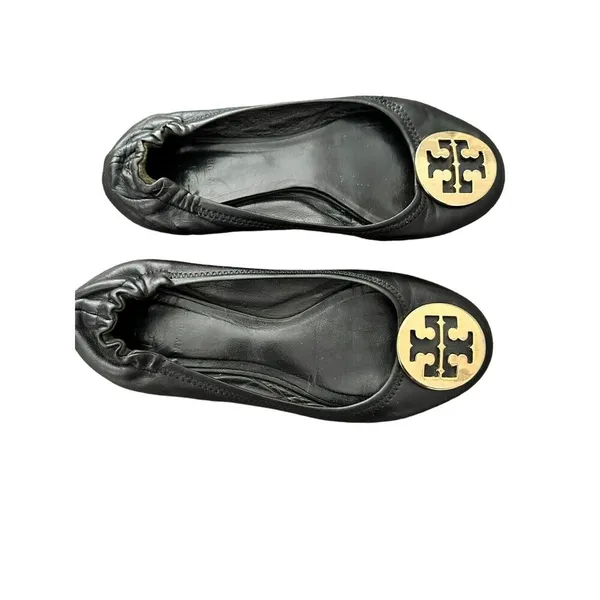 Tory Burch Reva Black Leather Gold Logo Medallion Ballet Flats Size 7 - Image 5