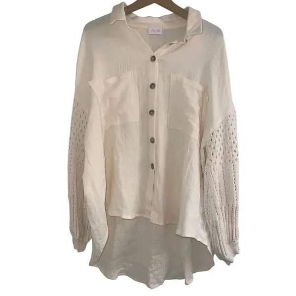 Pink Lily Keep Shining Cream Crochet Sleeve Gauze Sz Large Shacket - Image 3