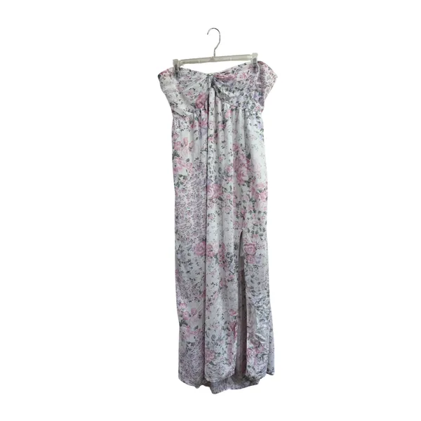 Hollister Floral Strapless Maxi Dress Pink Purple XL Sweetheart Slit Smocked - Image 2