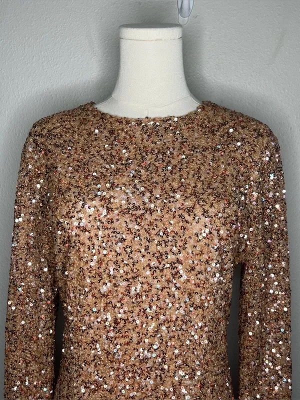 Retrofete Bronze Rose Gold Sequin Long Sleeve Nikki Mini Dress Evening Party - Image 3