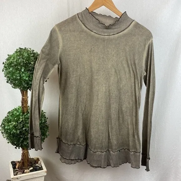 POL Tan Ribbed Long sleeve Ruffle Trim Tee T Shirt M - Image 2