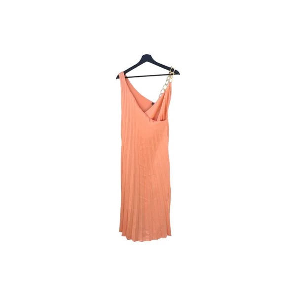 NEW ZARA Pleated Dress with Chain Strap Peach Midi Gold Faux Wrap Surplice XS - Image 7