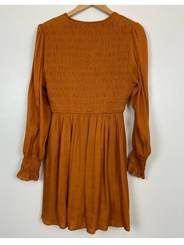 Peach Love California Boho Western Smocked Mini Dress Rust Orange Size S - Image 5