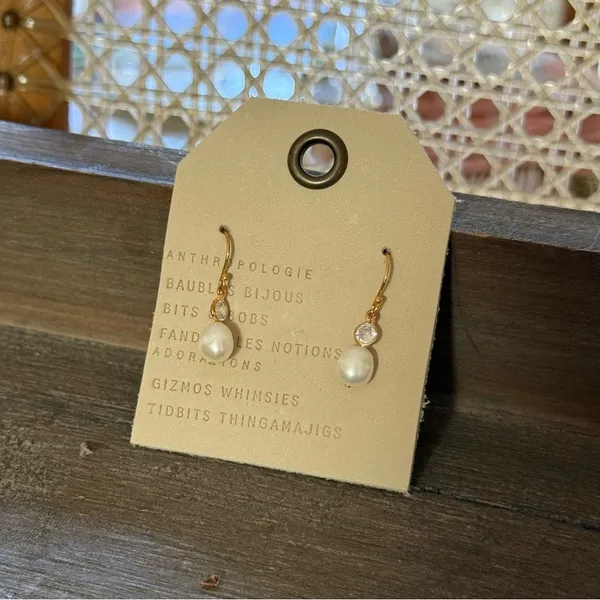 Anthropologie Gold Pearl Drop Earrings with Clear Crystal - Image 7