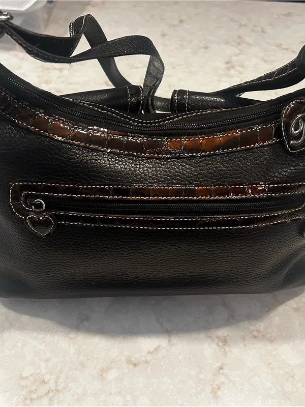 Vintage Brighton Black & Brown Leather Shoulder Bag Embossed Y2K - Image 3