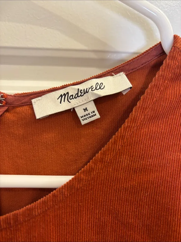 Madewell Corduroy Puff Sleeve Midi Dress M Rust Orange - Image 2