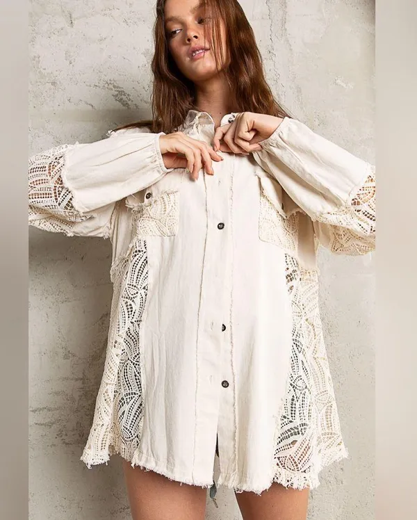 POL Cream Lace Detail Button-Up Top - Image 4