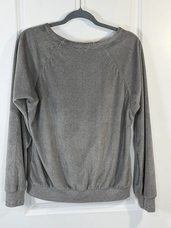 P.J. Salvage Women's Gray Velour Raglan Long Sleeve Pajama Top Silver Trim - Image 5