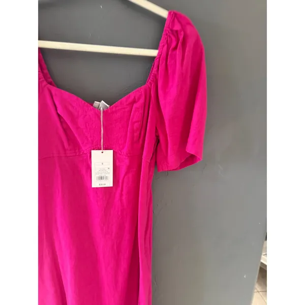 A New Day‎ Womens Hot Pink Linen Blend Puff Sleeve Mini Dress Size S NWT - Image 2
