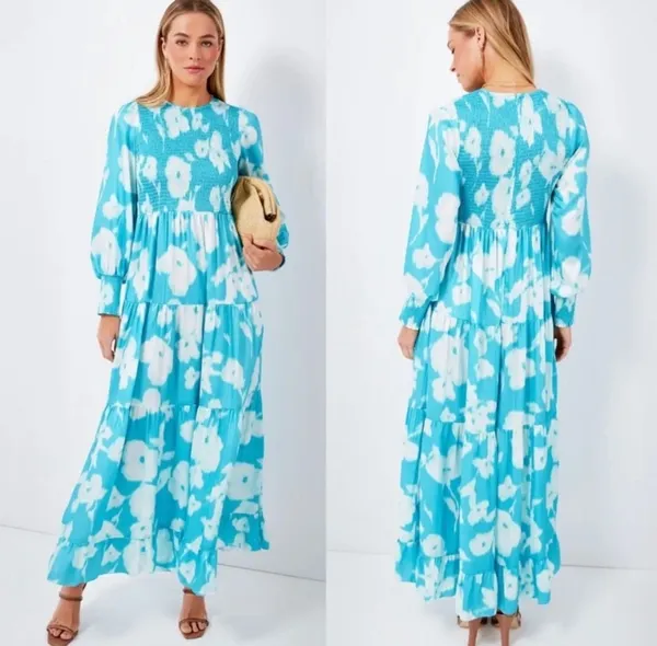 Tuckernuck Watercolor Floral Libby Turquoise Tiered Maxi Dress Size S - Image 2