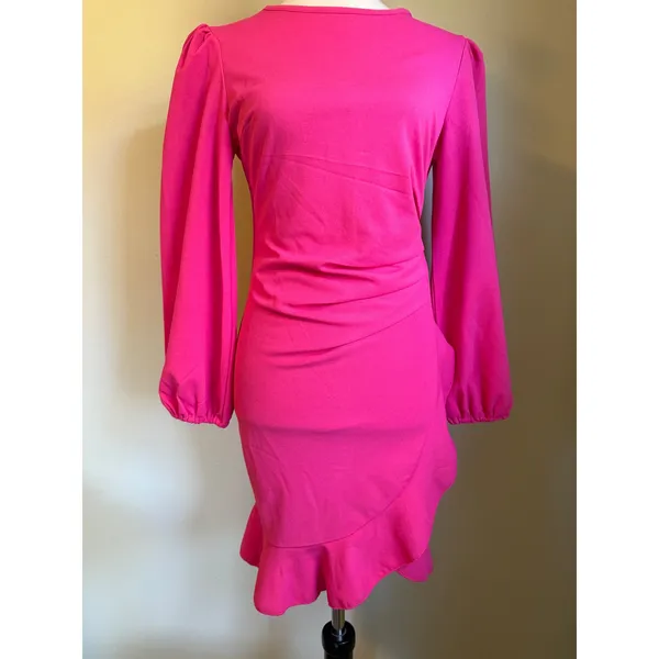 Beachsissi Y2K Hot Pink Puff Sleeve Ruched retro ruffle coquette Mini Dress Small NWT beach - Image 3