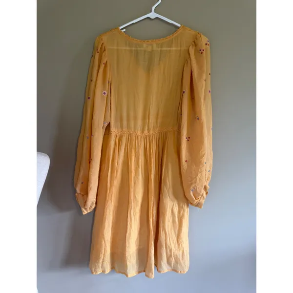 Umgee Mustard Yellow Embroidered Floral Babydoll Dress Boho Lace‎ Mini Medium - Image 3