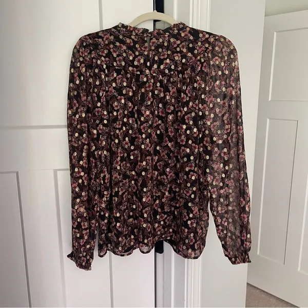 NWT Loft Shimmer Vine‎ Pleated Yoke Blouse Black Long Sleeve Top - Image 6