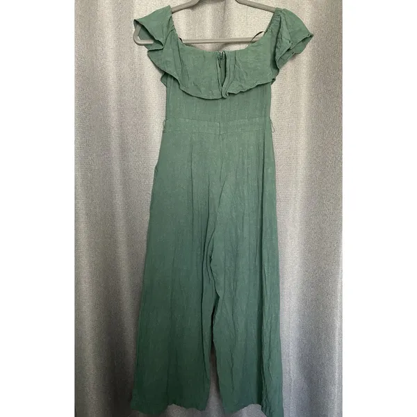 Lulu's‎ June Bloom Dk Green Linen Culotte Jumpsuit Size XS Off Shoulder - Image 7