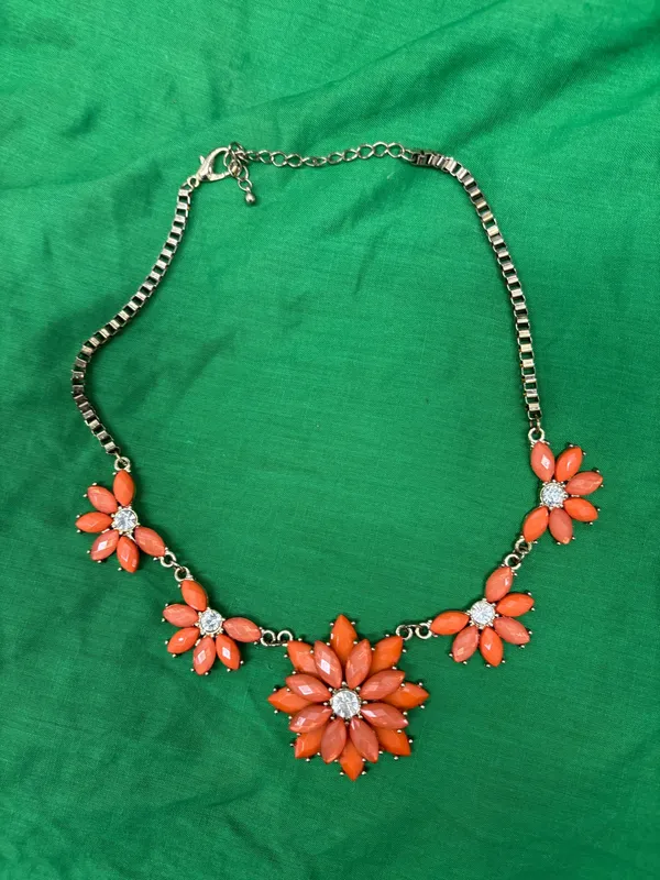 Silver Tone Statement Necklace w/ Orange Flower Rhinestone Pendant Box Chain - Image 5