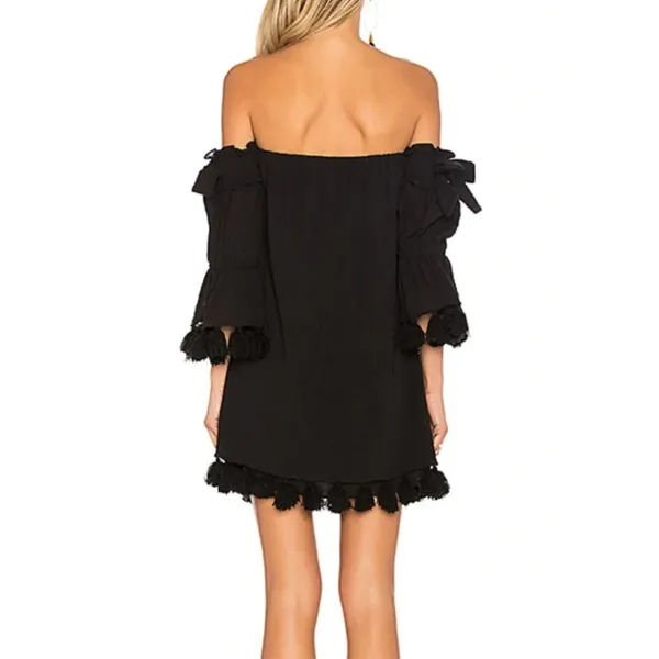 MISA Los Angeles Black Off Shoulder Tassel Mini Dress Boho Festival S - Image 2
