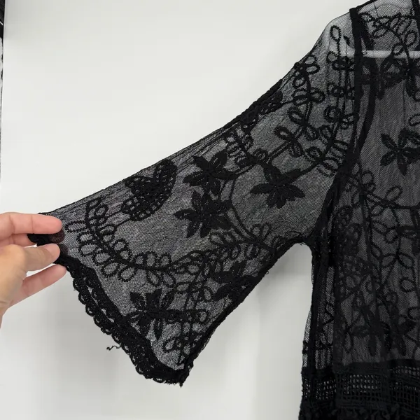 Black Lace Sheer Embroidered Floral V-Neck Tunic Top Whimsigoth Witchy - Image 3