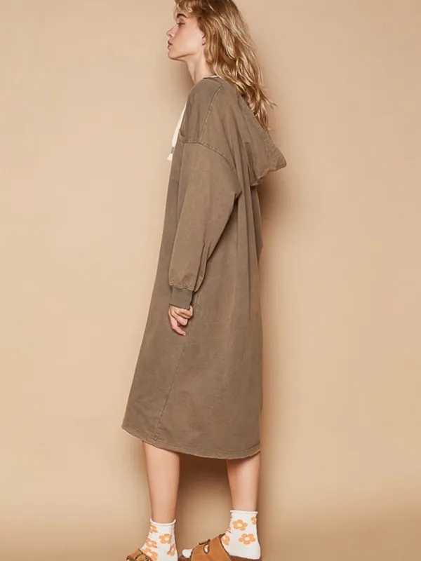 POL Vintage Washed V-Neck Long Sleeve French Terry Hoodie Lounge Dress Taupe - Image 3