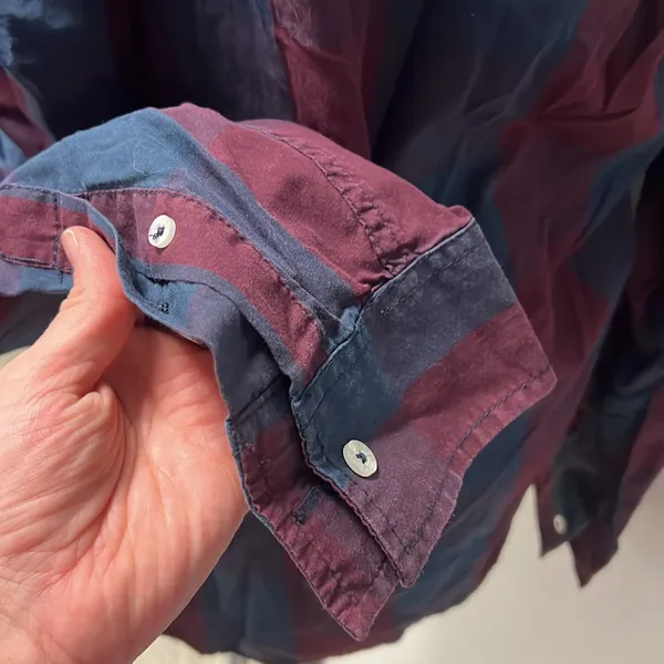 American Rag LG burgundy plaid navy blue cotton button up top - Image 4