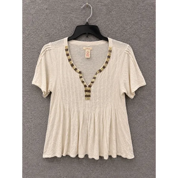 Sundance Womens Top Size S Cream Beaded V-Neck Babydoll Linen Blend Short Sleeve - Image 2