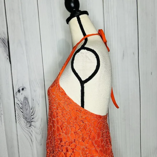 NBD Revolve Lace Overlay Floral Halter Dress Sz S Orange Mini A-Line Ribbon Tie - Image 6
