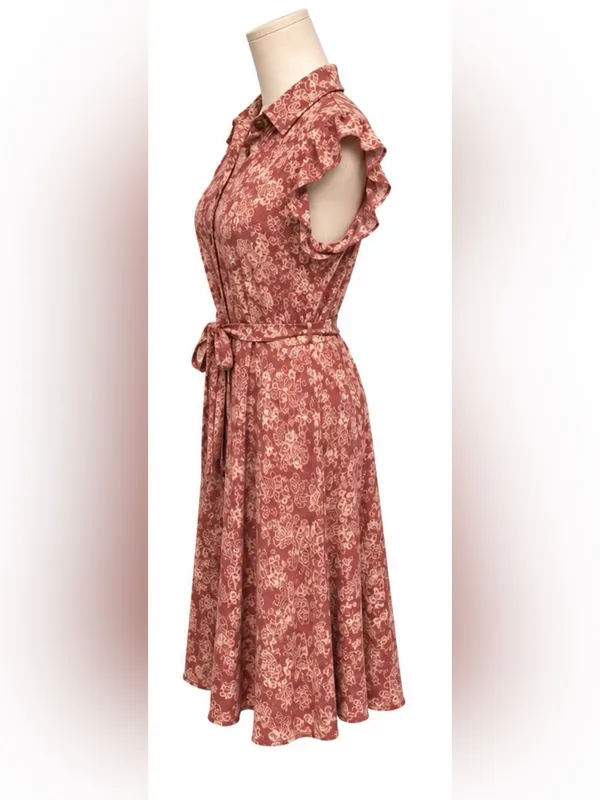 Lucky Brand Floral Button Front Shirt Dress Size M Ruffle Sleeve Tie Waist - Image 2