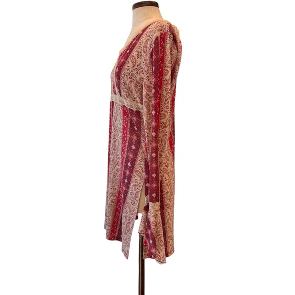 Y2k vintage paisley print lace detail babydoll flare sleeve tunic - Image 4