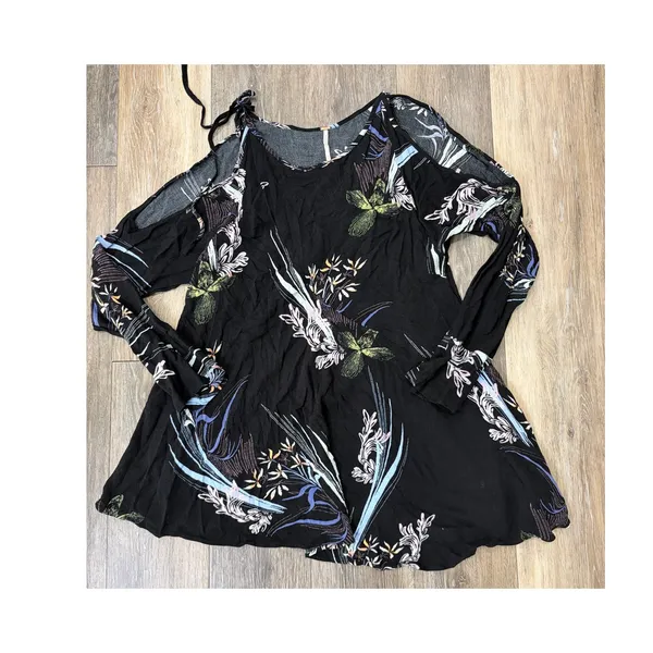 Free People Womens XS Floral Boho Tunic Dress Cold Shoulder Black Flowy Mini - Image 7