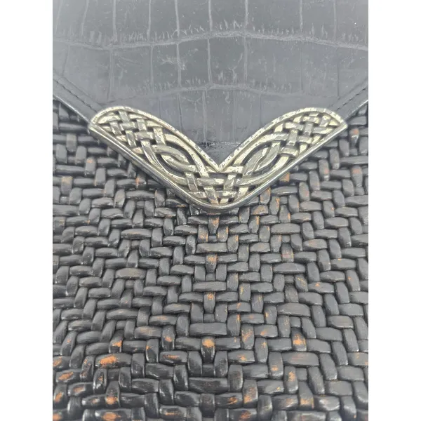 Brighton Crossbody Bag Womens Small Black Woven Croc Leather Celtic Heart Charm* - Image 2