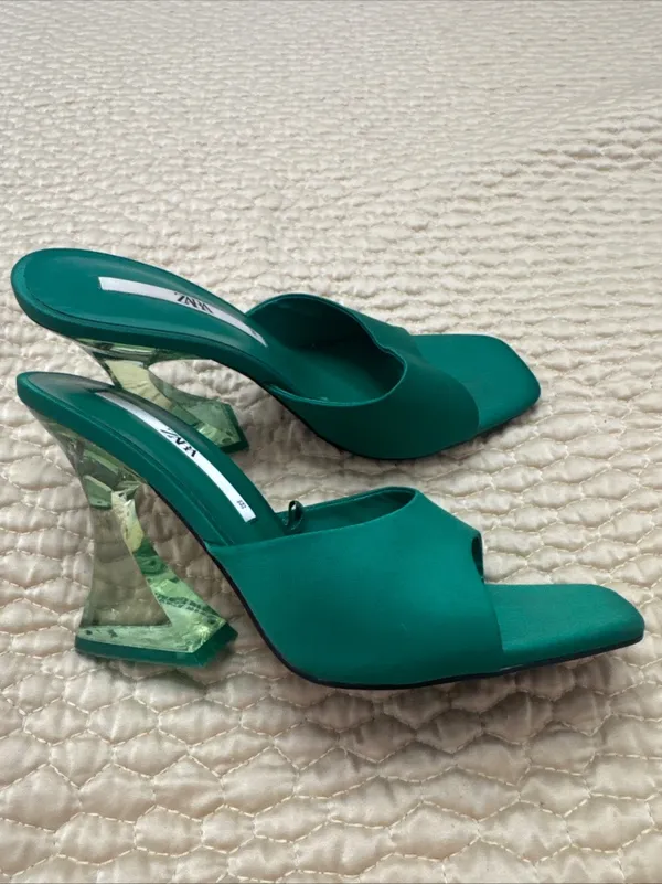 Zara Women’s Green Satin Strap Slides Square Front Chunky Block Acrylic Heel 39 - Image 7