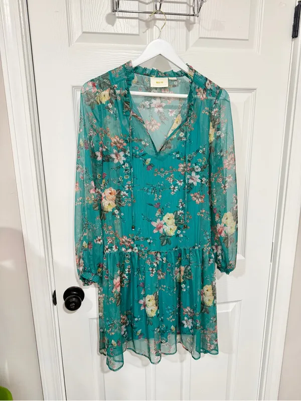Anthropologie Maeve Teal Floral Chiffon Ruffle Mini Dress Boho Romantic XS - Image 5
