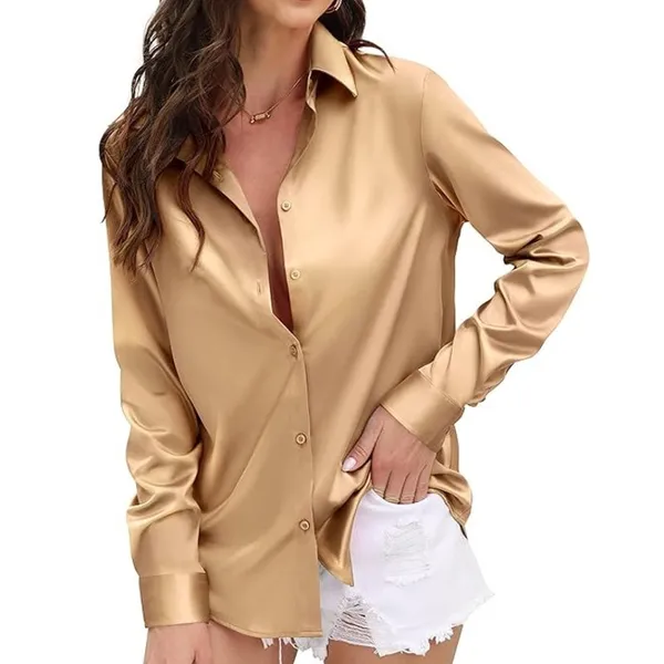 BRAND NEW ~ Champagne Satin Long Sleeve Button Up Blouse ~ Women's Size SMALL - Image 2