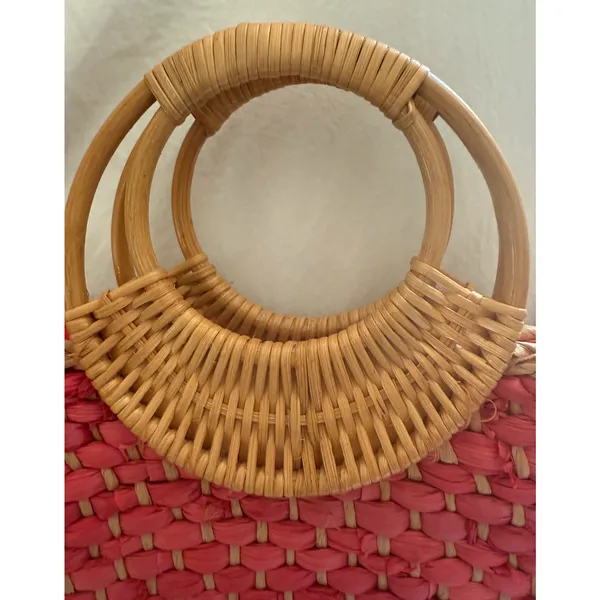 Free People Sophia Straw Tote Red Woven Bamboo Ring Handles Boho Purse Bag EUC - Image 8