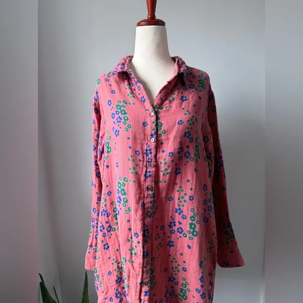 NATURAL LIFE Pink Floral Button-Front Long Sleeve Dress Cotton Oversized Pockets - Image 3