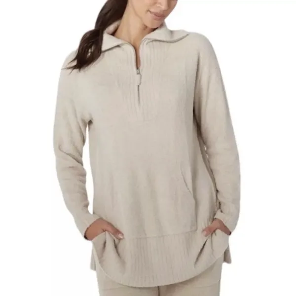 Barefoot Dreams CozyChic Lite High Rib Half Zip Tunic Sweater Biscotti Cream XL - Image 2