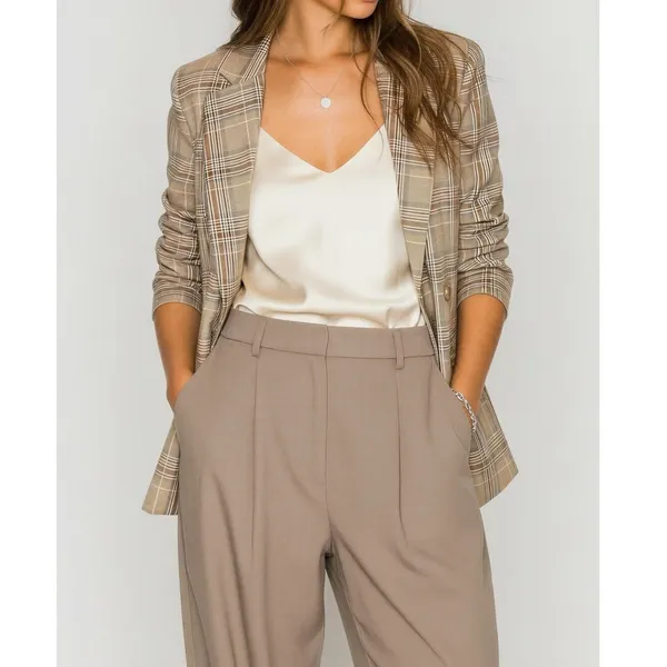 MAJORELLE Rhea Double-Breasted Blazer, Tan Plaid, XL - Image 2