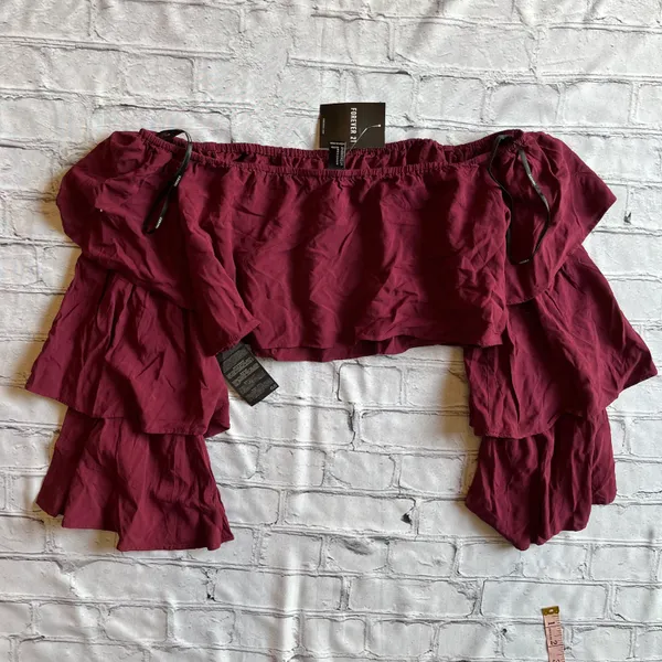 Off Shoulder Aubergine Layered Sleeve Boho Cropped Top Blouse NWT NEW - Image 9