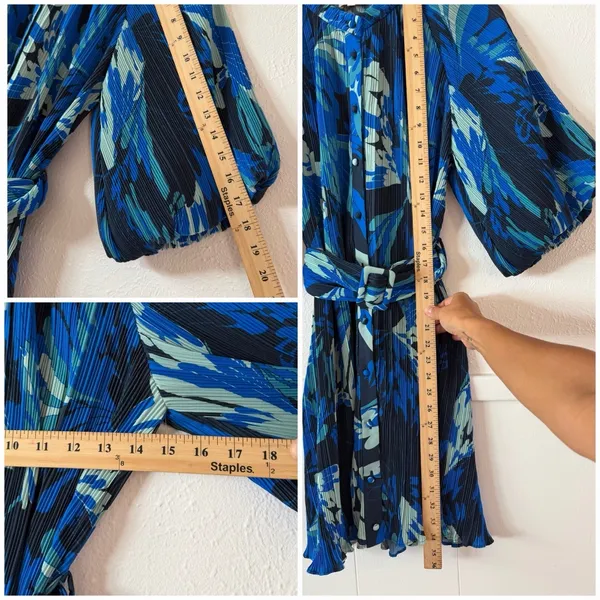 Ciebon XS Blue Pleated Floral Belted Mini Dress Balloon Sleeve Button Front - Image 9