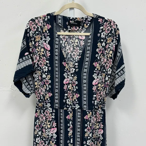 Minkpink Navy Floral Button Front Maxi Dress Boho Tassel Waist Pink Cream Medium - Image 3