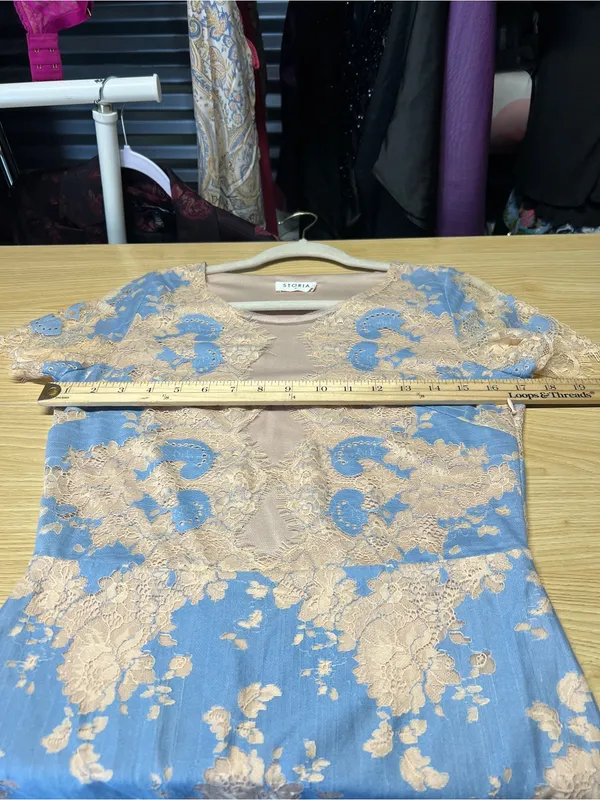 Storia Blue & Beige Floral Lace Illusion Mini Dress Size M - Image 10