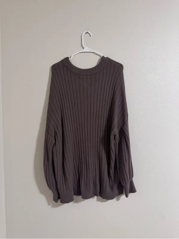 aerie Ribbed Oversized Crewneck Sweater in Chocolate Brown - Image 3