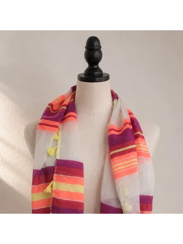Colorful Striped Infinity Scarf Tassel Fringe Coral Purple Yellow Boho - Image 2