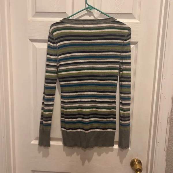 Aeropostale Womens Striped V Neck Long Sleeve‎ Top Gray Green Blue Large - Image 6