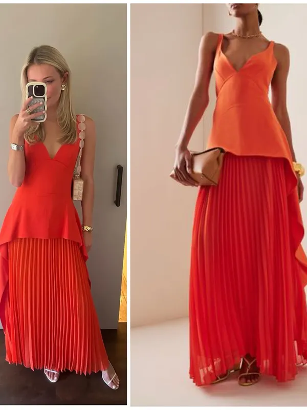 NWT Sequoia Pleated Combo Sleeveless V-Neck Midi Dress in Flame Orange Sz 00 - Image 2